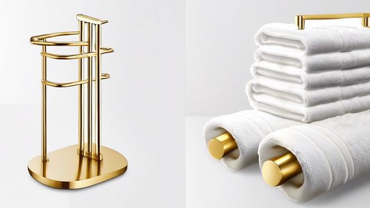 Gold bathroom towel stand with a chic and practical design, featuring a sleek silhouette with geometric accents and a sturdy base. The stand should evoke a sense of luxury and functionality, highlight