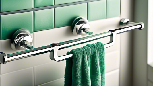 A close-up photograph of a sleek, metallic over-the-door towel rod with two plush towels hanging on it, against a backdrop of a beautifully tiled bathroom. The towels should be a luxurious shade of em