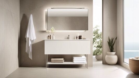 Create an elegant bathroom scene featuring a sleek and modern towel shelf from GROHE. The shelf should be minimalist in design, with clean lines and a brushed nickel finish. It should be mounted on a 
