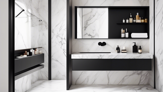 A modern bathroom with a sleek, black towel bar attached to the wall, featuring a built-in shelf for toiletries and a touch sensor for hands-free operation. The bar has a minimalistic design with hidd