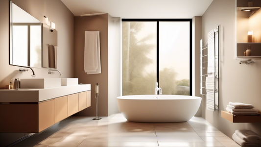 A modern bathroom with chrome towel bars, featuring a sleek and minimalist design, warm lighting, and a spa-like atmosphere.