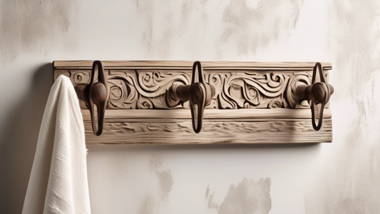 A rustic towel hook crafted from weathered wood, featuring intricate carvings and a distressed finish, hanging on a whitewashed wall. The hook is adorned with a single, soft linen towel, and is surrou