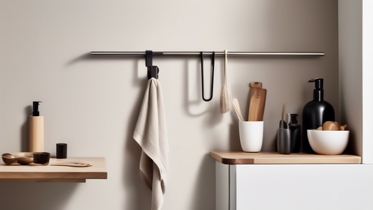 A modern kitchen with sleek, minimalist towel holders in various shapes and sizes, including bars, rings, and wall-mounted hooks. The towel holders are made of high-quality materials such as stainless