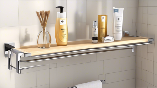 Generate an image of a modern bathroom shelf with a built-in towel bar. The shelf should be wall-mounted and have a minimalist design. The towel bar should be made of metal and be large enough to hold