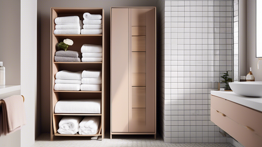 Interior of a bathroom featuring a sleek and modern towel cabinet, showcasing organized and easily accessible towels of various sizes and colors, creating a cohesive and functional storage system that