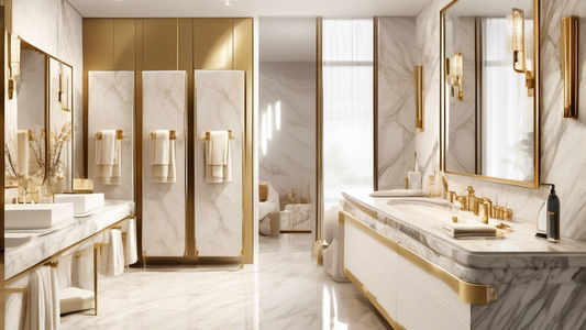 Generate an image of a luxurious bathroom with marble countertops and golden fixtures. In the center of the image, showcase a sleek and modern towel holder mounted on the wall. The towel holder should