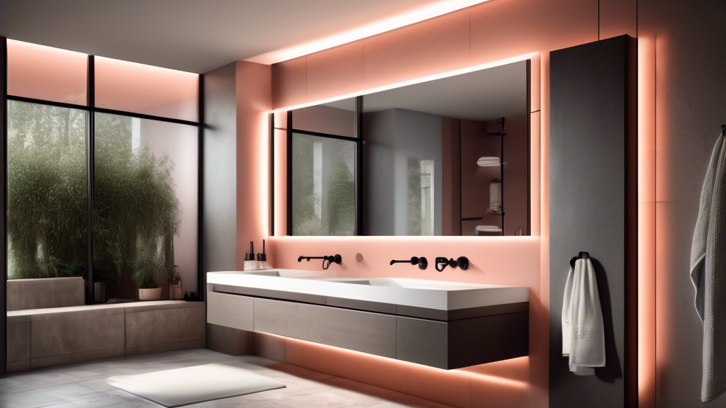 A stylish and functional bathroom with large, steam-resistant mirrors that are perfect for towel use, featuring a sleek and modern design with ambient lighting and minimal fixtures