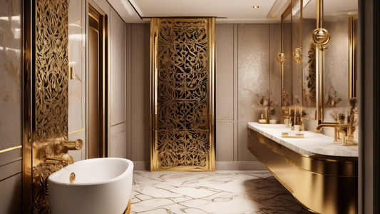 A luxurious bathroom with brass towel shelves that exude warmth and elegance. The shelves are adorned with intricate patterns and subtly reflect the light, creating a glamorous ambiance. The overall a