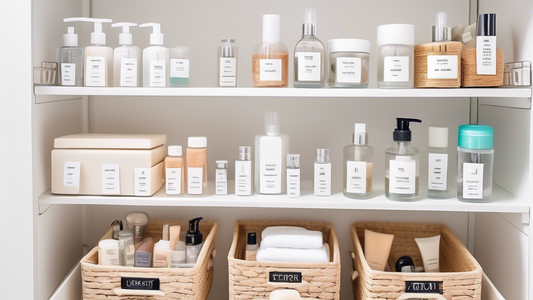 An organized bathroom cabinet with labeled drawers and shelves, filled with neatly arranged toiletries and bathroom essentials in clear containers and baskets.