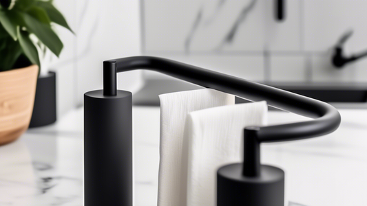 Matte black paper towel holder in a modern kitchen, close-up view, stylish interior decor