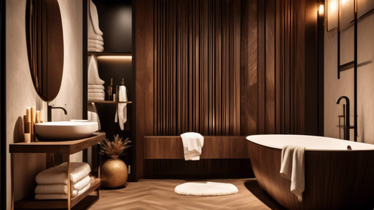 A luxurious bathroom with a warm and inviting atmosphere, featuring dark wood towel rails that hug the walls like a warm embrace. The towels are soft and fluffy, inviting one to wrap themselves in com
