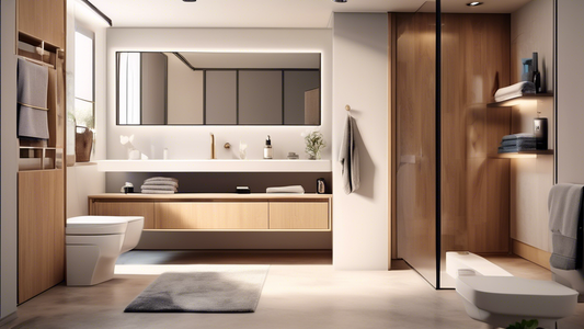 A modern bathroom interior with innovative and stylish storage solutions, such as hidden compartments, floating shelves, and built-in drawers. The overall design should be sleek and clutter-free, with