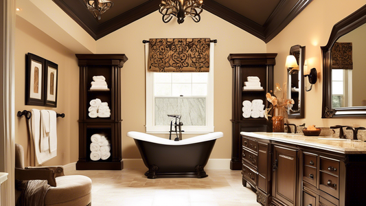 A sophisticated bathroom interior with elegant oil-rubbed bronze towel bars that complement the warm tones of the room, featuring intricate detailing and a luxurious finish. The overall atmosphere sho