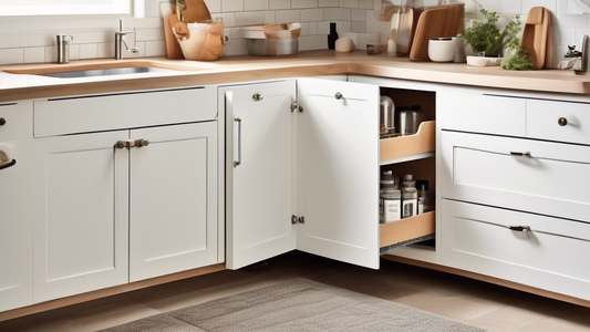 A spacious, well-organized under-sink cabinet with easy access to plumbing, featuring clever storage solutions like drawers, shelves, and adjustable dividers. The color scheme and materials complement