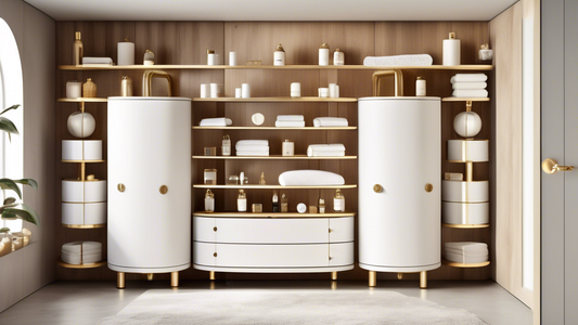 A bathroom with a series of cylindrical storage units on wheels, made of wood with a white finish and brass accents. The units are arranged in a semi-circle, with the largest unit in the center and sm