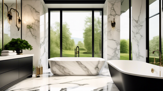A luxurious bathroom with sleek black double towel bars mounted on a marble wall, reflecting the warm light of a modern chandelier. Include a freestanding bathtub and a large window revealing a lush g