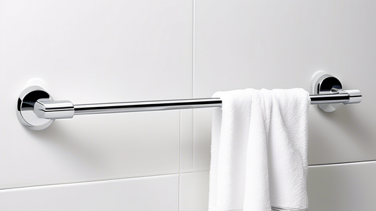 A sleek and modern chrome double towel bar mounted on a white bathroom wall, with two plush white towels hanging from it. The bar is curved and stylish, adding a touch of elegance to the bathroom deco