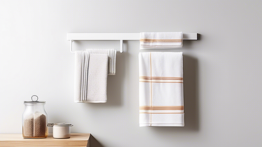 A minimalist kitchen with a white kitchen towel rack hanging on the wall. The rack has multiple rods for hanging different types of kitchen towels, such as hand towels, dish towels, and cleaning cloth