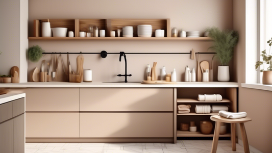 A minimalist and stylish kitchen with a variety of towel storage solutions, including a towel bar, hooks, and a shelf, all in a neutral color palette.