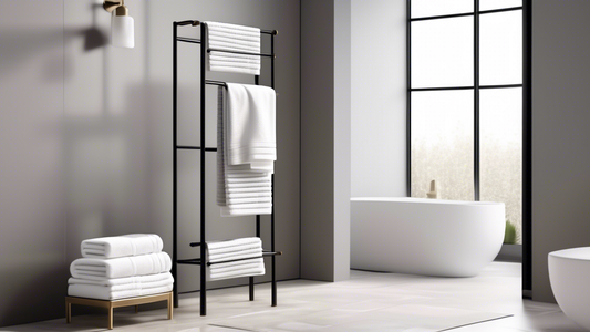 A stylish standing towel rack in a modern bathroom, with a minimalist design and high-quality materials. The rack should feature a sleek metal frame with a durable finish, and multiple tiers for stori