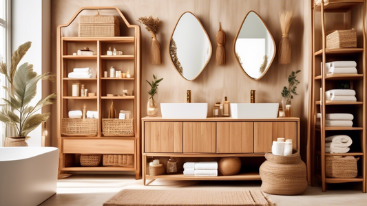 Intricate and elegant bathroom interior with a wide range of effective and beautiful storage solutions, including shelves, drawers, baskets, and organizers, featuring natural materials and warm colors