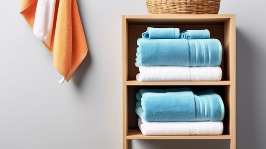 A collection of creative towel storage solutions, including a wall-mounted rack with built-in shelf, a hanging basket system, a stackable tower, and a unique towel origami design.