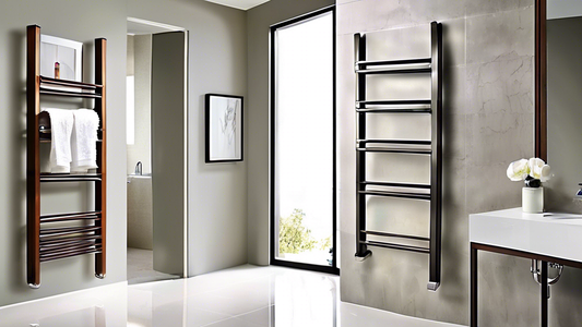 A sleek and modern bathroom with a variety of bath towel drying racks. The racks are designed to hold and dry towels in an efficient and space-saving manner. The racks are made of durable materials an