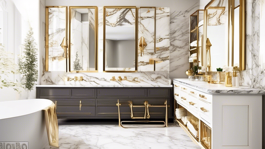A luxurious bathroom with chic storage solutions featuring marble countertops, gold accents, and ample storage space for towels, toiletries, and other bathroom essentials. The storage solutions should