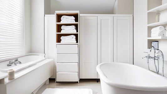 Interior of a bathroom with a tall, white bath towel cabinet with drawers and shelves for storage next to a white bathtub; white towels are folded on the cabinet's shelves and drawers