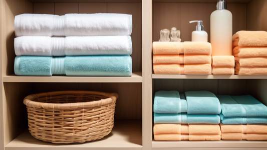 A clean and organized towel cabinet with folded towels neatly arranged on shelves, baskets or drawers. The cabinet should be tidy and aesthetically pleasing, showcasing a variety of towel sizes and co
