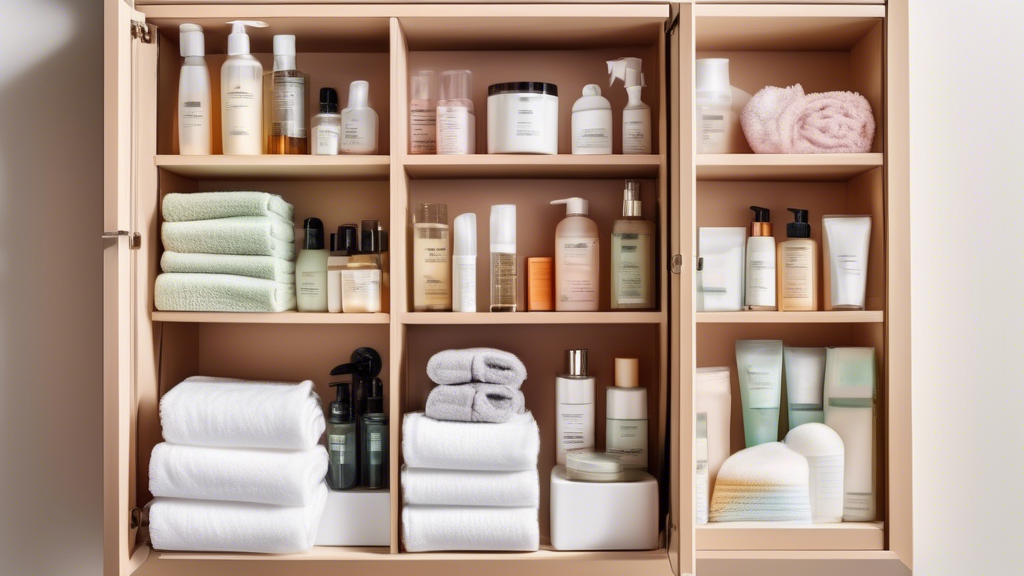 A highly organized bathroom cabinet with various toiletries, skincare products, and cleaning supplies neatly arranged in clear containers, baskets, and shelves, maximizing space and accessibility.