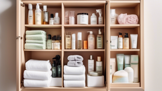 A highly organized bathroom cabinet with various toiletries, skincare products, and cleaning supplies neatly arranged in clear containers, baskets, and shelves, maximizing space and accessibility.