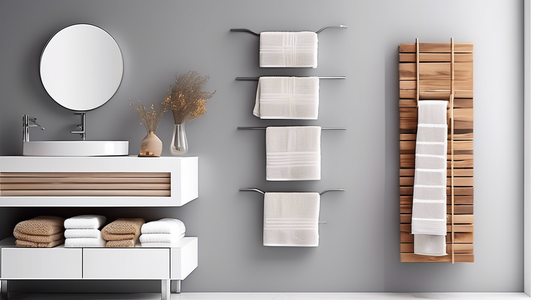 A collection of modern towel storage ideas, including sleek wall-mounted racks, innovative heated towel bars, and stylish baskets and hooks