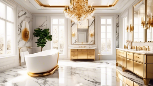 A luxurious bathroom with marble countertops, gold-plated fixtures, and a large soaking tub. The bathroom is decorated with elegant accessories, such as a chandelier, scented candles, and a plush rug.