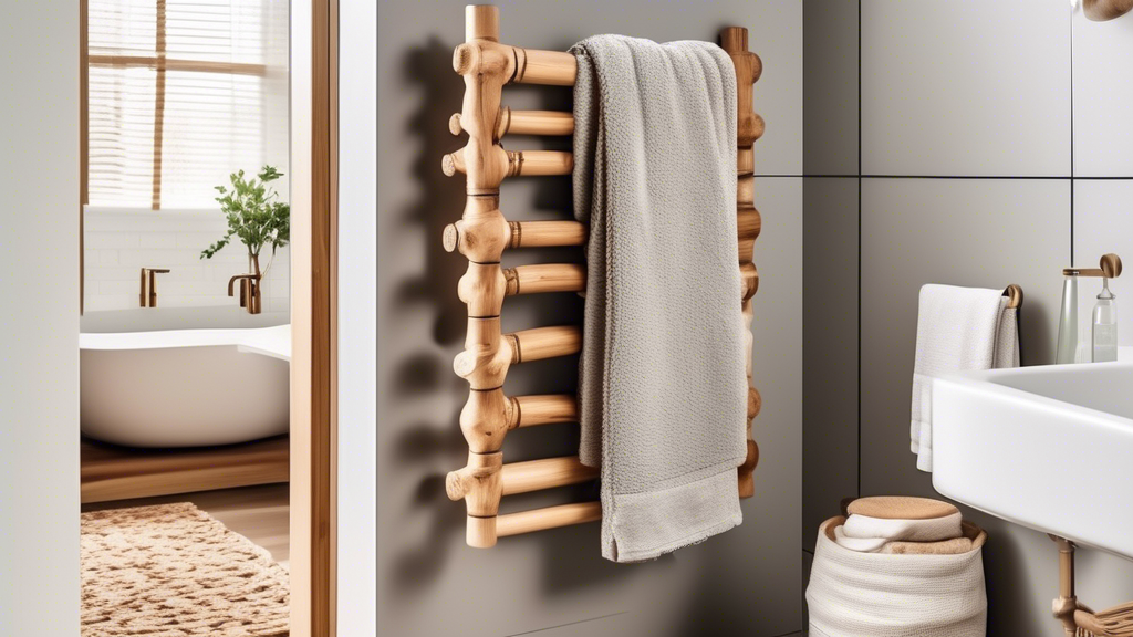 A photograph of an elegant and functional DIY towel holder made from natural materials, such as wood or bamboo, with a rustic and cozy atmosphere, featuring intricate details and a seamless integratio