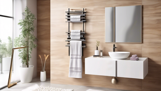 Generate an image of a modern and functional towel rack system installed in a bathroom. The rack should feature multiple tiers and adjustable arms to accommodate various sizes and styles of towels. Th