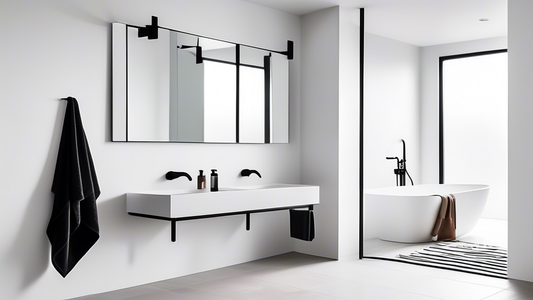 A modern bathroom with a black towel bar set mounted on a white wall. The towel bars are sleek and minimalist, and they complement the black fixtures in the bathroom. The bathroom is well-lit and has 