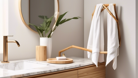 A simple and elegant bamboo towel holder for a modern minimalist bathroom with wooden accents and a marble countertop. The holder should have a smooth, round surface with a natural wood grain, and it 