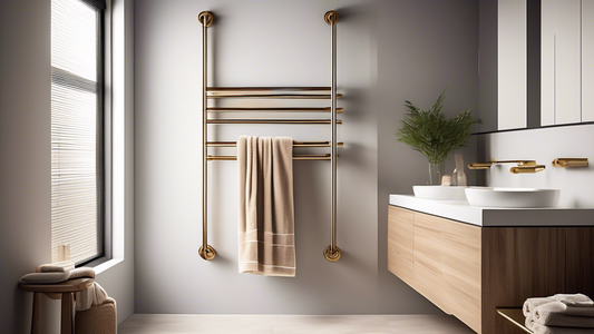 Create a vibrant and visually engaging image of an organized bathroom interior, featuring a spacious and luxurious long towel rail. Depict the long towel rail as the central element, elegantly mounted