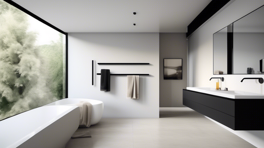 A minimalist, modern bathroom with a long, sleek towel bar stretching across the wall, creating an illusion of ample space and organization. The towel bar is made of matte black metal and has a clean,