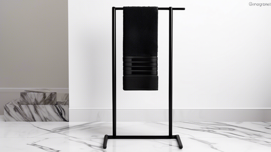 Matte black freestanding towel stand with clean lines and a minimalist design, set in a modern bathroom with white walls and marble flooring, showcasing its functional and stylish qualities.