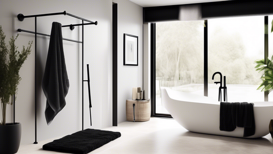 A luxurious and modern bathroom with a black towel rod, showcasing its stylish design and durability. The rod should be sleek and elegant, complementing the overall aesthetic of the bathroom. Include 