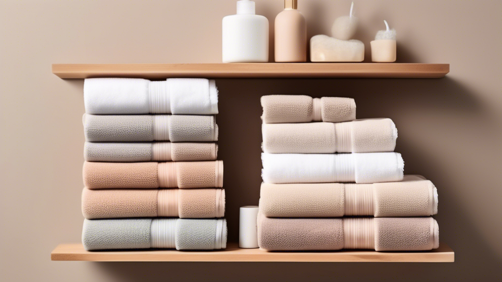 A minimalist bathroom shelf with neatly folded towels stacked vertically in various neutral colors, creating a sense of order and tranquility.