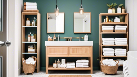 An organized bathroom with various items hanging on the walls, shelves, and hooks, including towels, toiletries, and baskets, to maximize storage space.