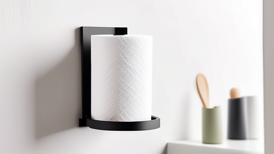 A minimalist and modern paper towel holder that is mounted on the wall and has a sleek and compact design, utilizing innovative space-saving features and a contemporary aesthetic.