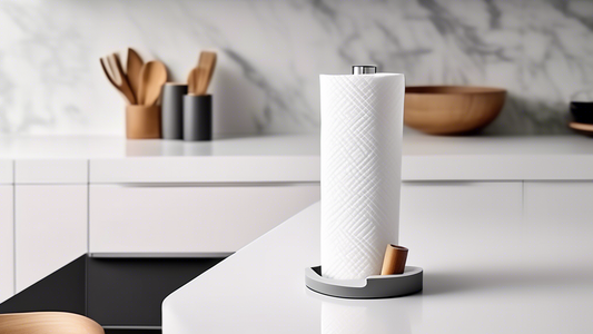 A sleek and space-saving paper towel box holder that seamlessly integrates into the kitchen design, with a minimalist aesthetic and a hidden storage compartment for additional paper towels or other ki
