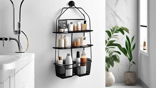 A highly organized shower caddy with a variety of compartments and pockets, designed to hold all essential bathroom items in a neat and accessible manner. The caddy is made of a durable material and i