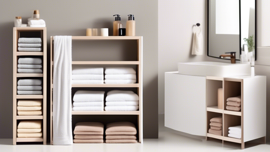 A series of modular, interlocking organizers for towels, designed to maximize space and minimize clutter in a bathroom or linen closet. The organizers are stackable and can be configured in various wa