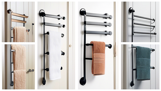 A series of images depicting various styles of towel hangers, including wall-mounted, over-the-door, and free-standing models. Each image should showcase the unique features and benefits of the featur