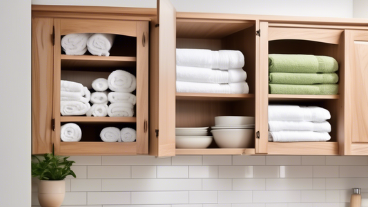 An image of a kitchen with an over-the-cabinet towel storage solution. The over-the-cabinet towel storage should be made of a durable material such as stainless steel or wood and should have multiple 